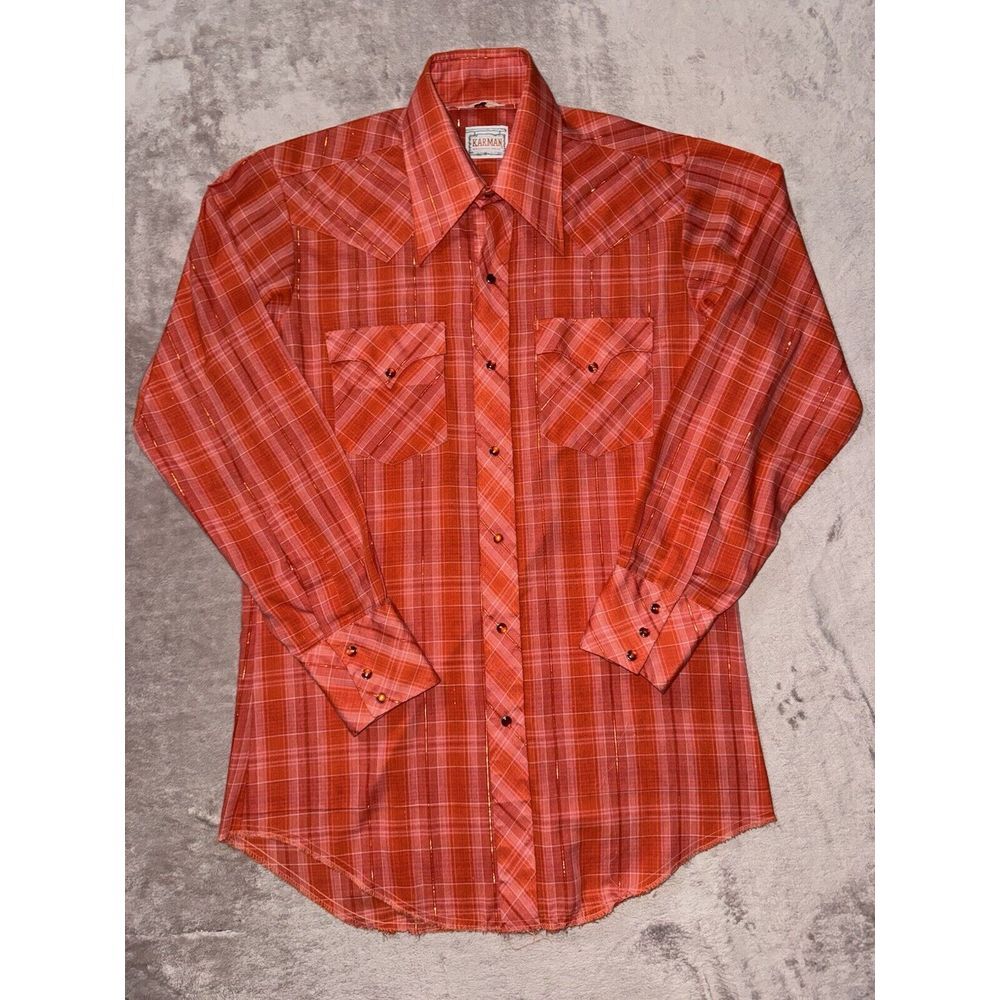 KARMAN Men's Orange & White Stripe Western Shirt  Pearl Snap Size 15-33 VTG‎